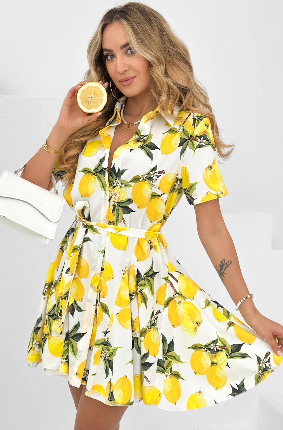 Lemon Printed Belted Shirt Dress Ivory - Zucchero Essentials