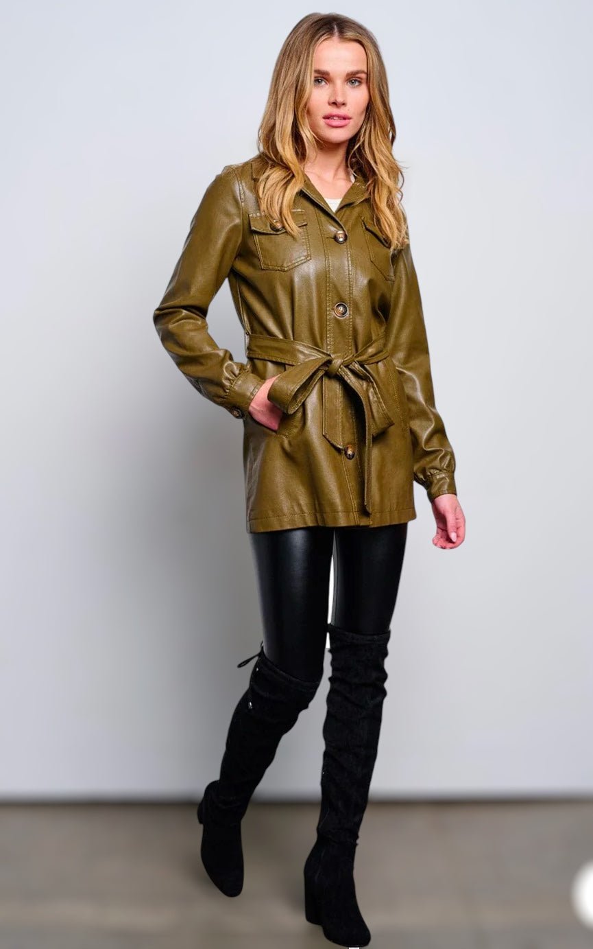 Women's Long Sleeve Button Up Self Tie Pu Pleather Jacket - Zucchero Essentials