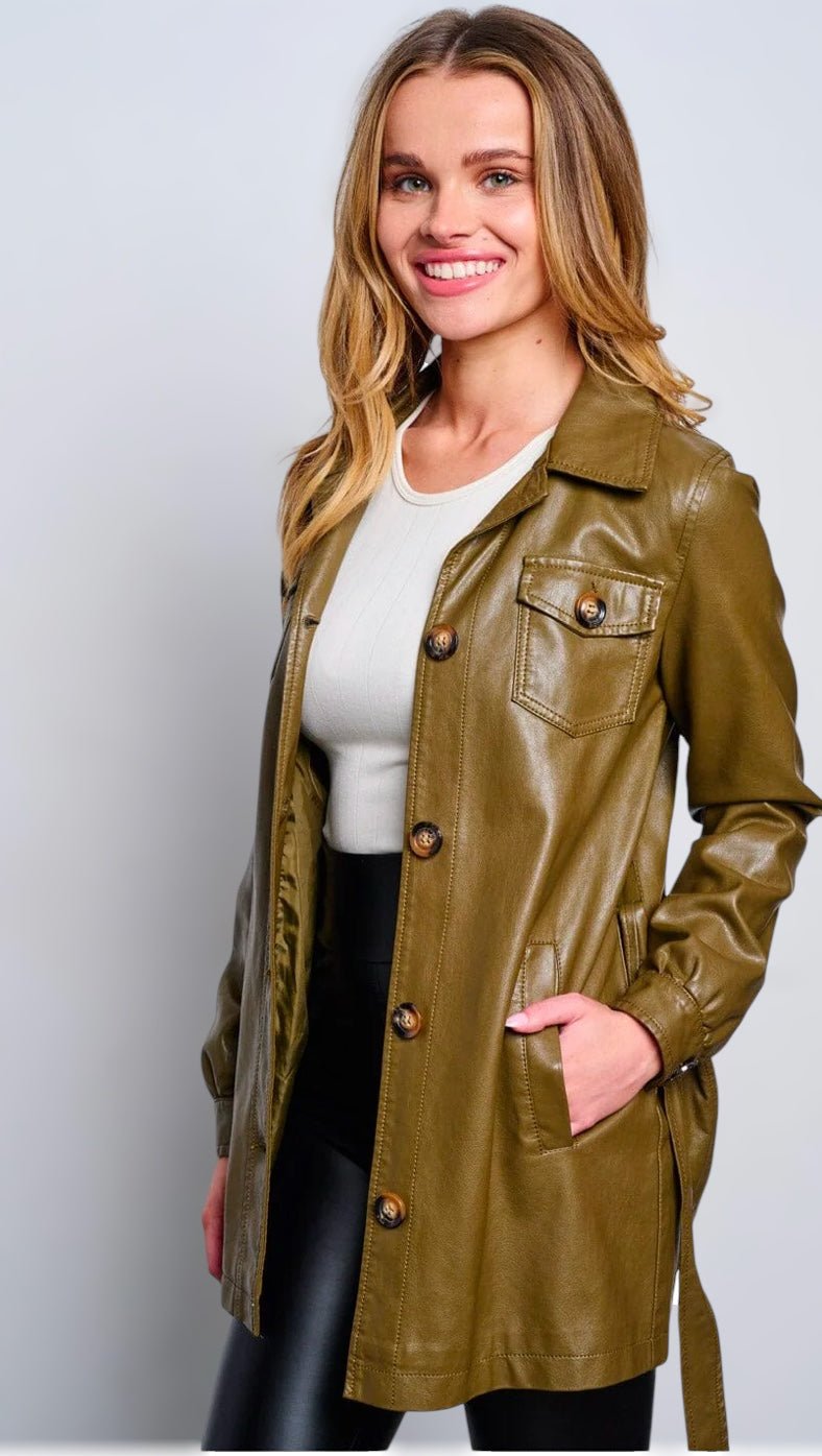 Women's Long Sleeve Button Up Self Tie Pu Pleather Jacket - Zucchero Essentials