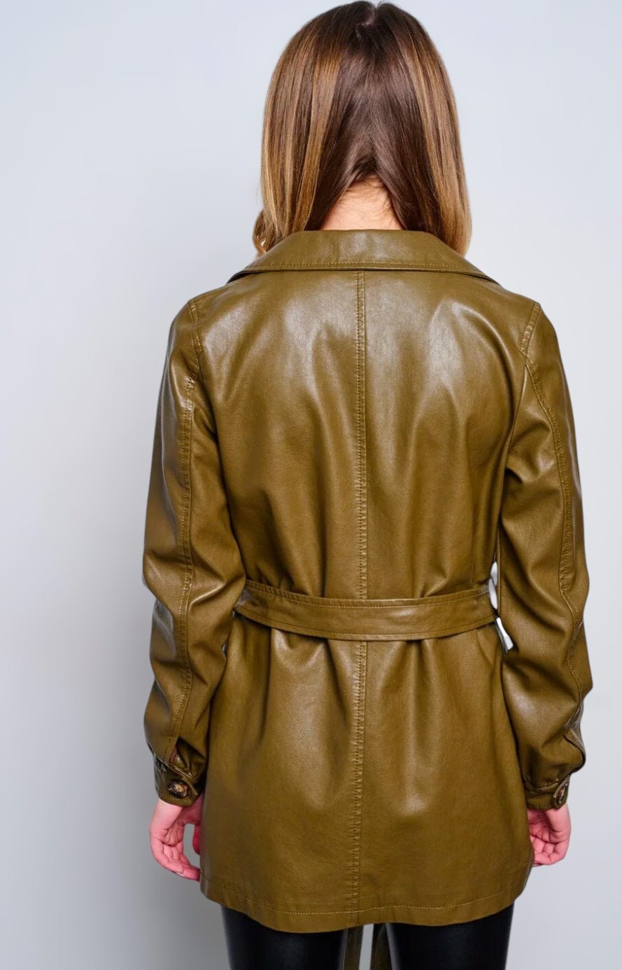Women's Long Sleeve Button Up Self Tie Pu Pleather Jacket - Zucchero Essentials