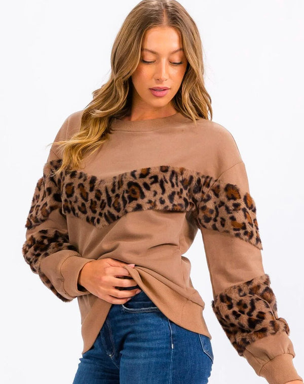 Women's Long Sleeve Fuzzy Animal Print Detailed Pullover Sweater - Zucchero Essentials