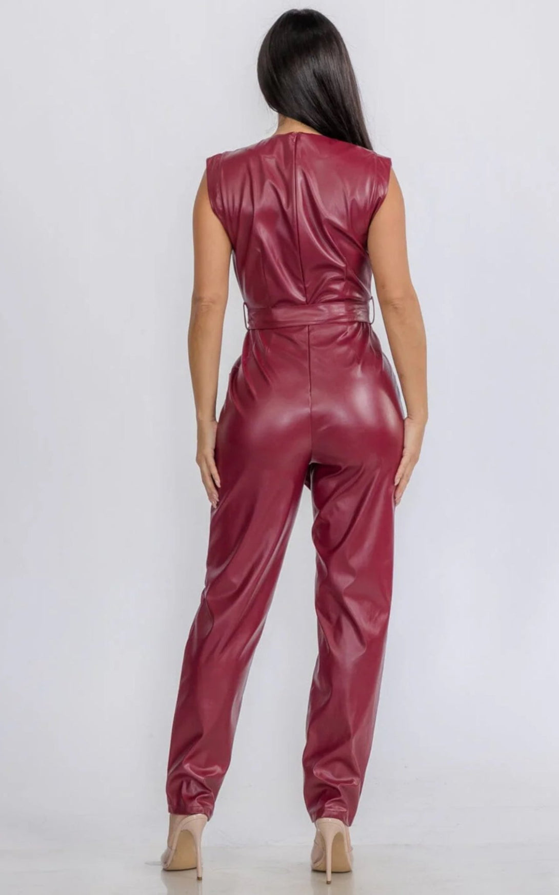 Women's Sleeveless V - Neck Self Tie Pockets Skinny Leg Pu Pleather Jumpsuit - Zucchero Essentials